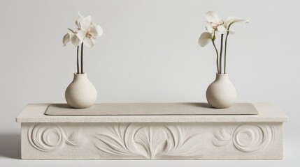 Elegant Minimalist Floral Arrangement on Decorative Pedestal with Textured Vases and White Flow