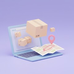 a rendered scene with a laptop computer displaying packages on its screen. 