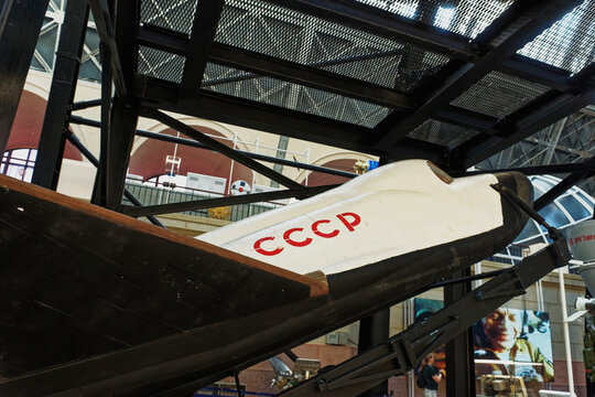 Moscow, Russia - May 24, 2024: RUSSIAN EXHIBITION, VDNKh, Cosmos pavilion. Models of spaceships, satellites, spacesuits and models of Mir and Salyut stations