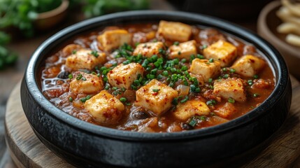 Fototapeta premium Hearty Tofu Dish in a Black Bowl Garnished with Fresh Herbs and Served Hot for Comfort Food Lo