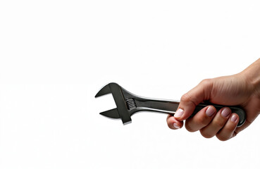 Obraz premium Hand holding silver adjustable wrench. Mechanic tool, repair instrument, equipment on white background. Close-up shot, chrome steel. Construction industry concept. Pro service or maintenance.
