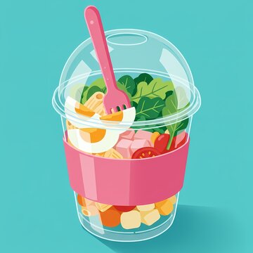  plastic cup filled with various colorful food items, including eggs, tomatoes, and leafy greens
