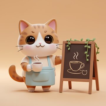 A cartoon cat is holda cute cartoon cat wearing a light blue apron, holding a steaming cup of coffeeing a cup of coffee