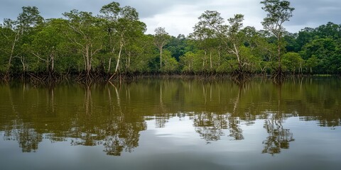Obraz premium A body of water with trees in the background