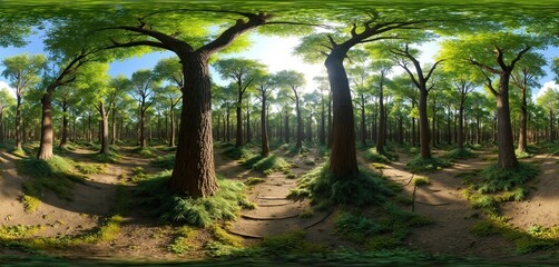 Panoramic 360 degrees view in jungle forest. Green trees, sunny sky, path with sunlight. Virtual reality content, perfect for immersive experience, travel tourism, eco friendly life, forest walk.