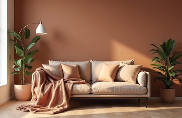 Modern living room minimalist style in mocha mousse color. Cozy interior with sofa plants, lamp, cozy textiles. Home decor, fashion trends in design, relaxation, resting. Trendy apartment interior