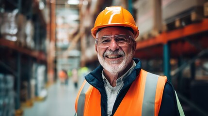 a happy senior warehouse worker wearing a high-visibility vest and hard hat