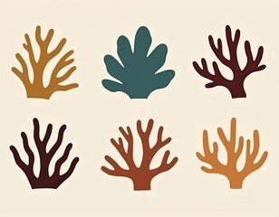 Obraz premium Set of six algae silhouettes on white background. Seaweed, coral, aquatic plants set. Abstract marine life design element. Nature elements, tropical, ocean, sea. Decorative floral design.