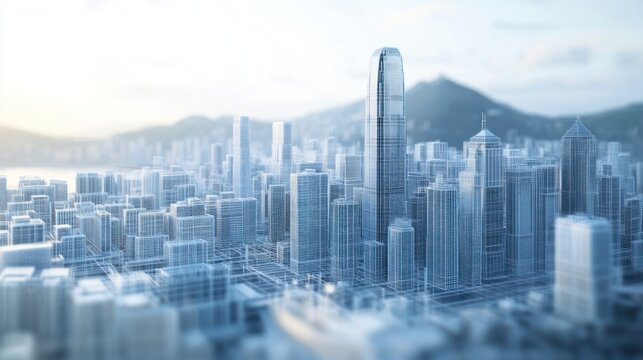 A Hong Kong city skyline rendered in 3D, featuring architectural blueprints and AI innovation in construction.
