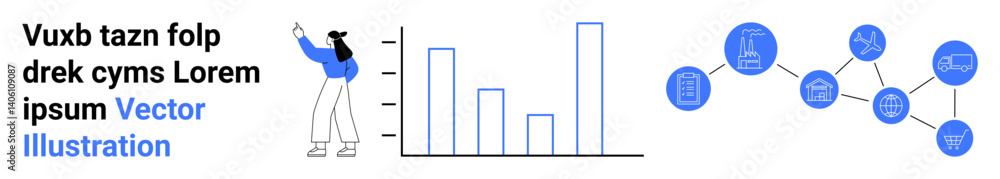 Poster person examining bar chart with connected nodes and icons. ideal for data visualization, analysis, b