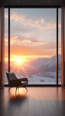 A cozy interior with a snowy mountain landscape