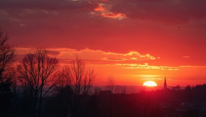 Naklejka premium Fiery sunset over the city, with crimson, red and orange colors in the evening sky. Silhouettes of trees and the church. Natural lighting, beautiful weather, vibrant scenic background.