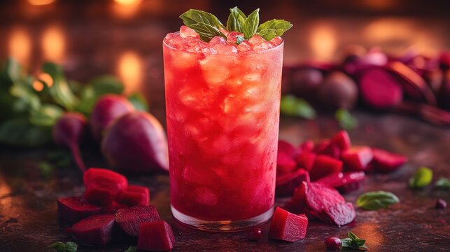 Refreshing Beetroot Cocktail with Ice and Garnish Healthy Drink Photography Vibrant Red Bever