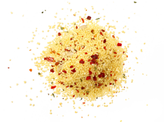  Couscous pile, uncooked cous cous with dried vegetables and spices isolated on white background, top view