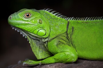 Obraz premium Side profile of large green iguana against natural blur background showcasing distinctive scaled body structure and nature lizard species portrait composition