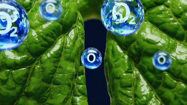 Molecular oxygen spheres interacting with stylized green lungs, visualizing respiratory process and air quality significance in scientific graphic representation
