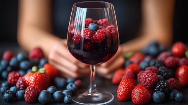 Refreshing Berry Infused Wine in a Glass Surrounded by Fresh Fruits Ideal for Health and Bever