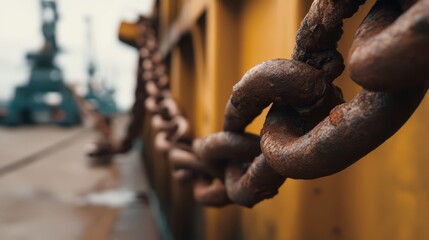 heavy iron chains on the side and deck of an industrial ship