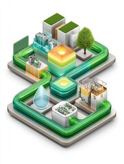 Zero-waste production models circular systems, Abstract illustration of smart city infrastructure with energy flow. Modular waste loops, biodegradable production