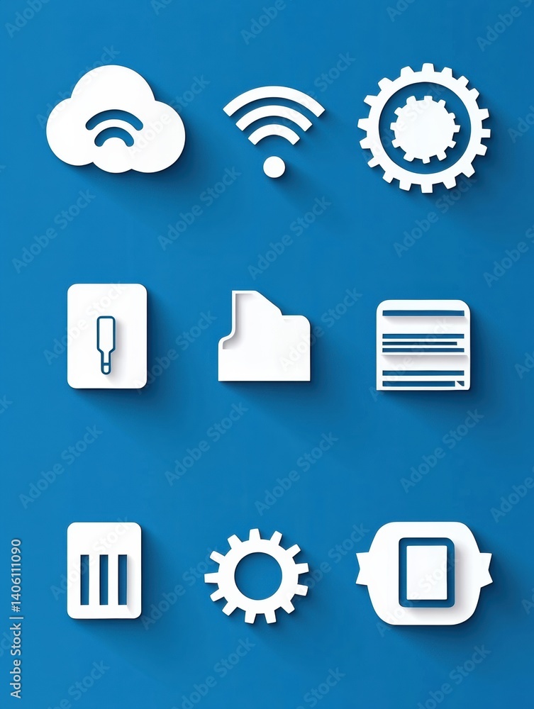 Poster tech pictogram stickers featuring cloud icon, wifi signal, gear, and battery symbol on a blue backgr