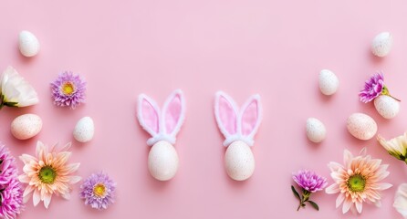 Fototapeta premium Easter eggs with bunny ears and flowers on a pink background