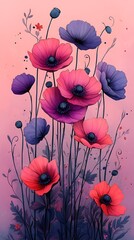 Elegant Pink And Purple Poppies On Pink Background Photo Illustration Art