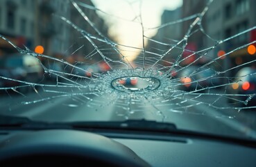 Broken car windscreen with cracks. Damage from accident. View from inside vehicle, blurry road, lights in background. Car crash, traffic. Glass fragments, danger concept.