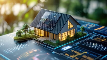 A miniature eco-friendly house surrounded by holographic charts on environmental sustainability.