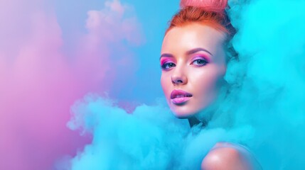a beautiful young woman with colorful smoke on a blue background