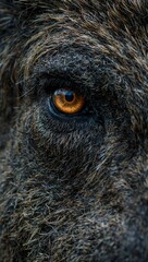 A fierce wild boars eye glowing with amber light exudes rugged determination and untamed wildness in a close up shot