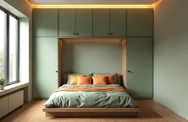 Modern bedroom interior features sage color palette. Murphy bed design, minimalist furniture, wooden bed frame, orange pillows, green bed sheets create cozy, comfortable space. Bright room, big