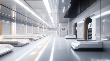 A modern logistics warehouse with automated systems, showcasing data projections and industry growth.