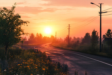 Serene Sunset Road Magical Evening Drive Peaceful Countryside Landscape