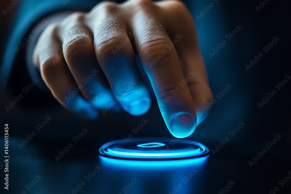 Poster a hand gently presses a glowing blue button on a dark surface creating a futuristic feel. perfect fo