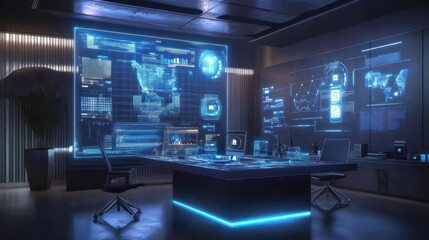 A modern office with a holographic interface displaying data analysis and machine learning models.