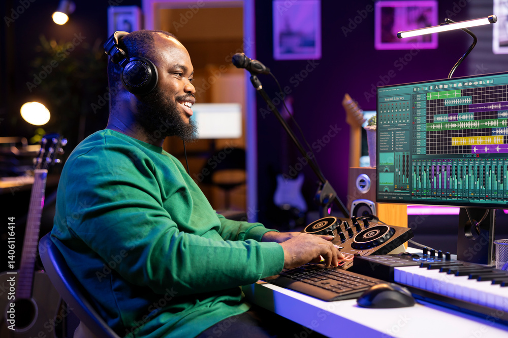 Poster Confident music producer operating on mixing console in home studio, producing new tunes for a song and editing volume levels in daw platform. Sound engineer recording audio files.
