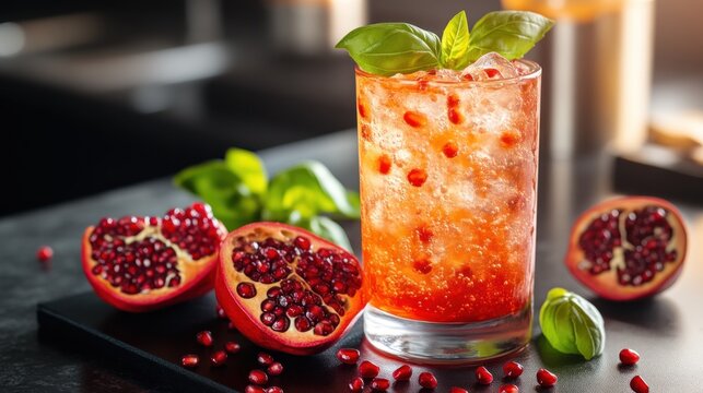 Refreshing Pomegranate Cocktail with Basil Garnish and Fresh Ingredients for Culinary and Bever