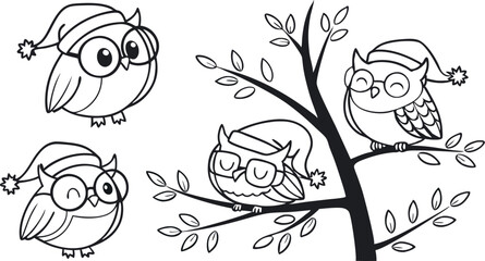 Fototapeta premium Cute Hand-Drawn Owl Vector Set – Line Art EPS Clipart Collection.eps