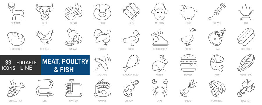 Meat, poultry, seafood, and eggs icons set, editable line icon pack. food, protein, cooking, ingredients, kitchen, culinary symbols. simple vector collection.