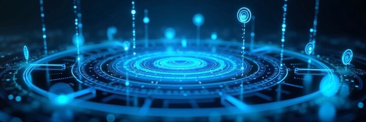 Fototapeta premium A futuristic digital interface with glowing neon-blue holographic elements, floating in a dark high-tech space. Ultra-realistic 3D rendering of data streams