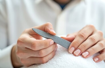 Close-up of woman hands during manicure process. Female hands filing nails with nail file. Well-groomed nails with pink gel polish. Beauty, care, and hygiene concept.