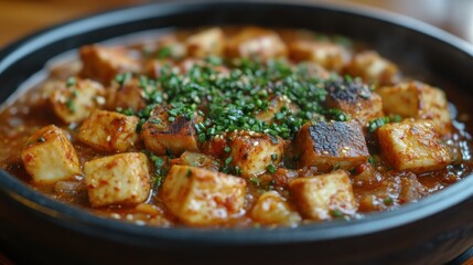Fototapeta premium Savory Tofu Dish with Green Onions and Spicy Sauce Culinary Delight for Food Enthusiasts