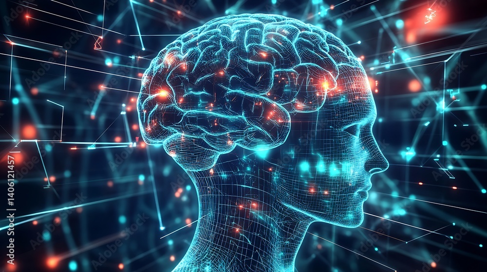 Poster Digital representation of a human brain with glowing connections symbolizing thoughts and innovation : Generative AI