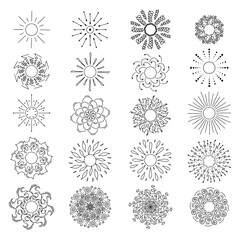 Hand drawn sun icons in doodle style. Unique outline sun designs with decorative patterns isolated on white background. Concept of ink sun for summer, nature, and celestial-themed creative projects.