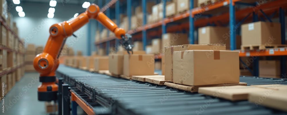 Poster automated warehouse featuring robotic arm handling cardboard boxes on conveyor belt. modern logistic