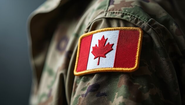 Close-up view of Canadian military uniform patch. Canadian flag with maple leaf patriotism service to nation, armed forces, defense. Commemorating duty, honor bravery, showing commitment, pride for