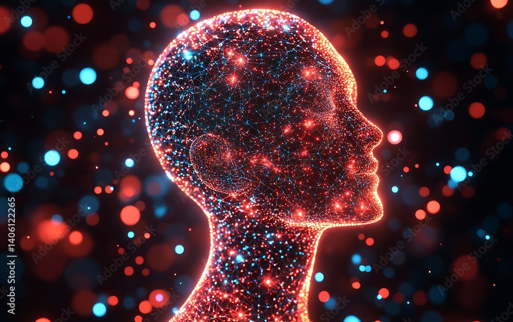 Poster 3d rendered image of a human head silhouette formed by connected dots and glowing lights : generativ