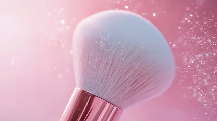 Elegant close-up of fluffy makeup brush with metallic pink handle surrounded by shimmering sparkles on a vibrant pink background