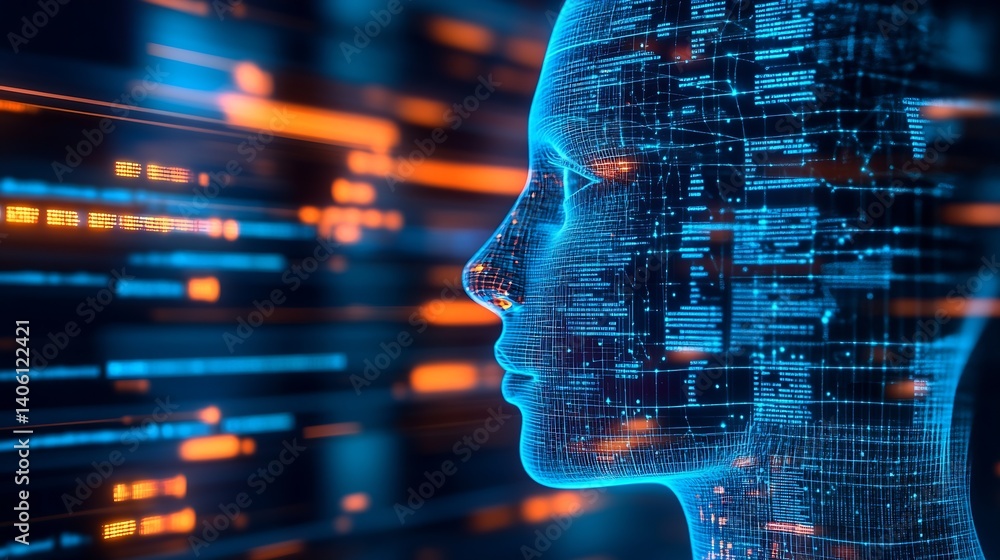 Poster Captivating side view of a glowing digital head made from vibrant data patterns representing intelligence : Generative AI