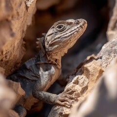Fototapeta premium Basilisk in rocky canyon with space for text on right